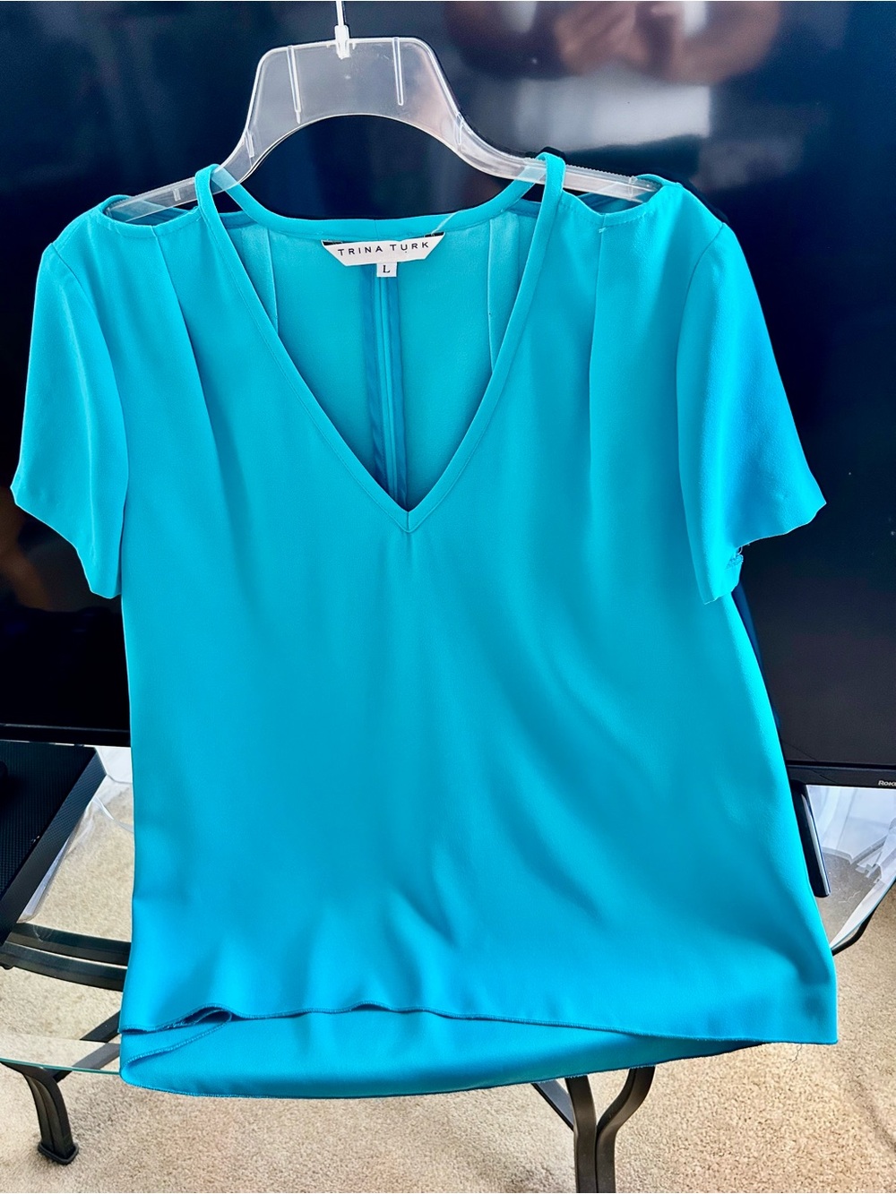 Trina Turk Bright Turquoise V-Neck Short Sleeve Blouse